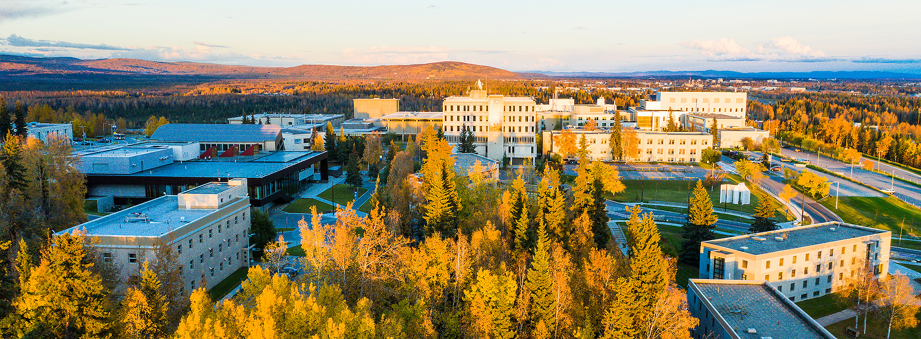 Aerial view of 51 Troth Yeddha campus in Fairbanks in autumn.